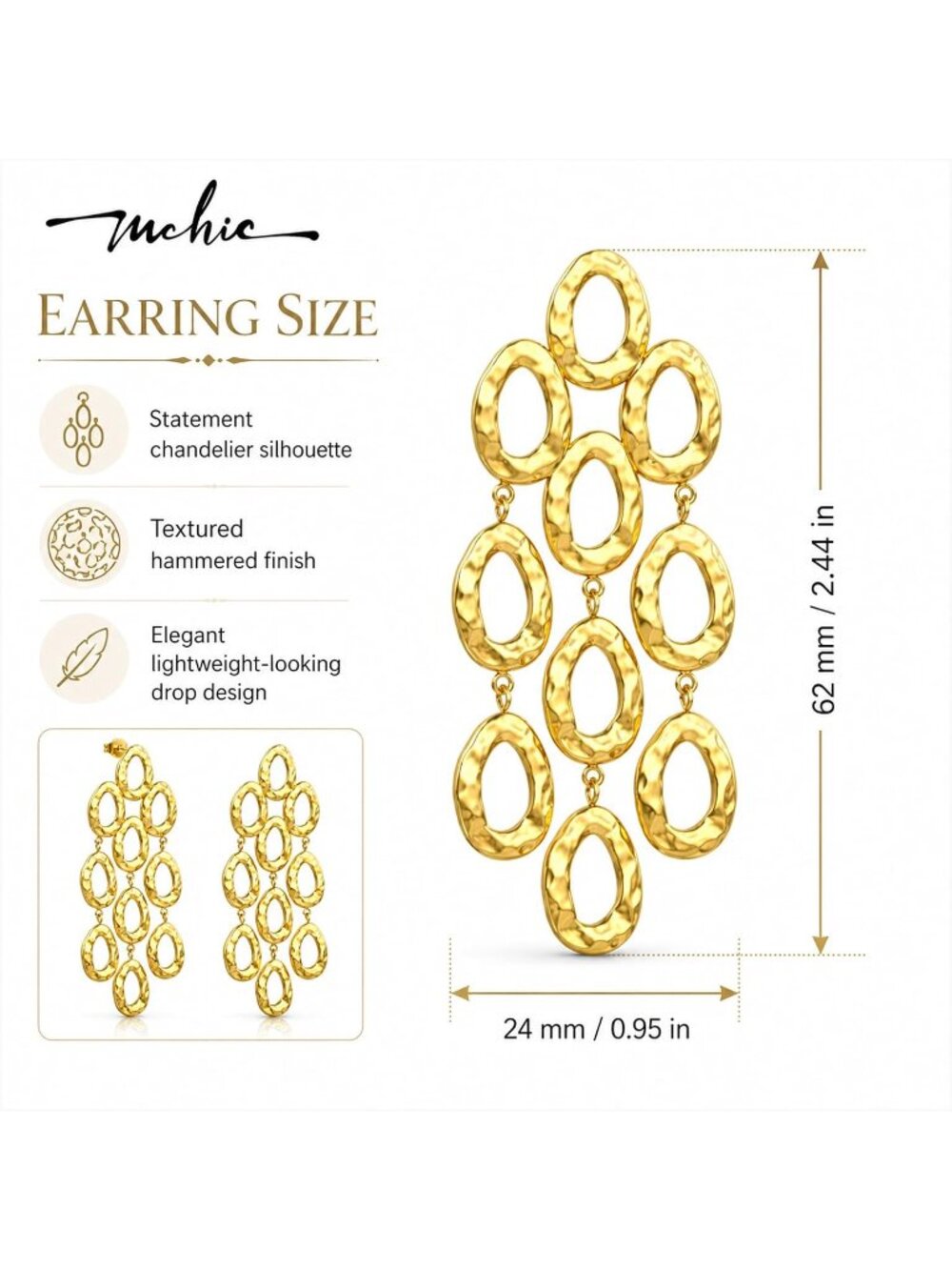 Women's Gold 18k Gold Plated Statement Hammered Chandelier Long Oval Earrings - Picture 5 of 7